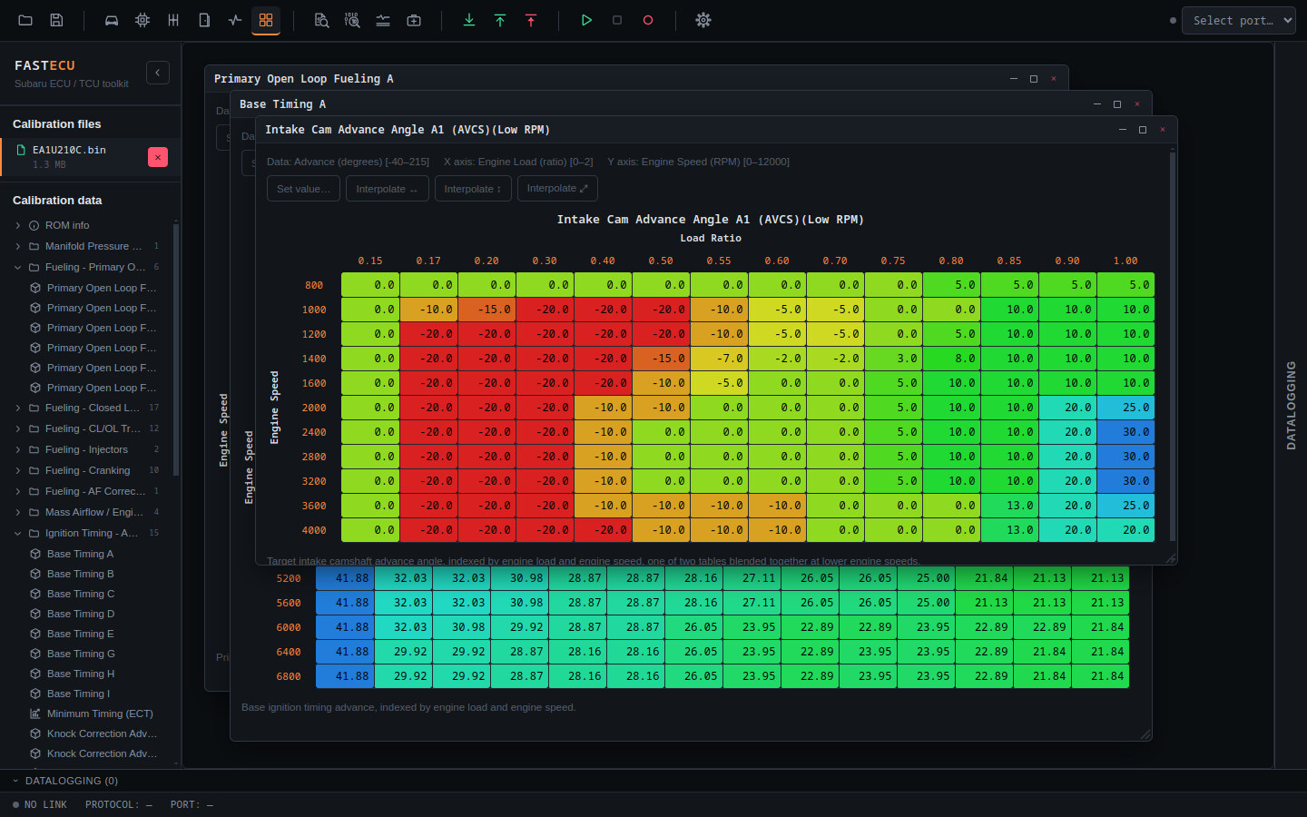 FastECU NextGen's calibration editor with heatmap-colored fueling, ignition timing and cam advance tables open over a Subaru ROM's table tree